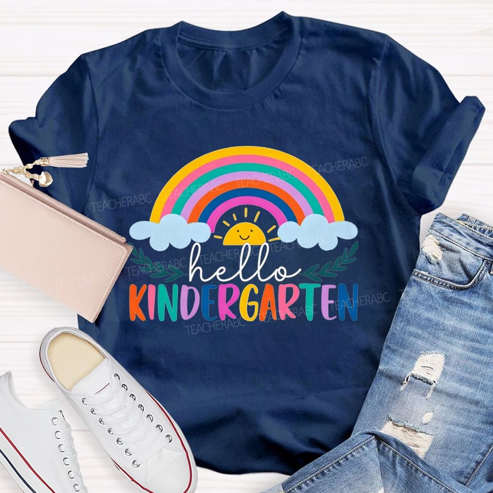 Personalized Grade Hello Kindergarten Cute Rainbow Sun Cloud Teacher T-shirt