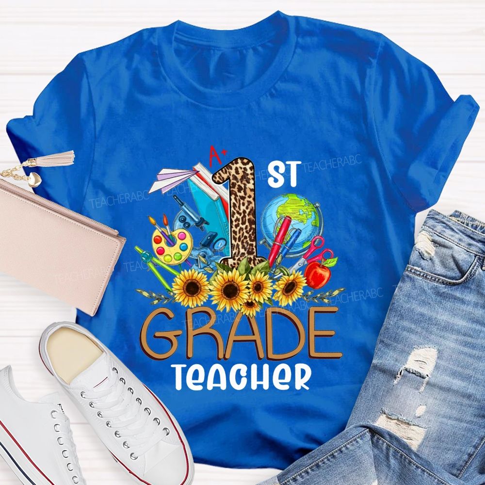 Personalized Grade 1st Grade Teacher Leopard Number Sunflower Teacher T-shirt