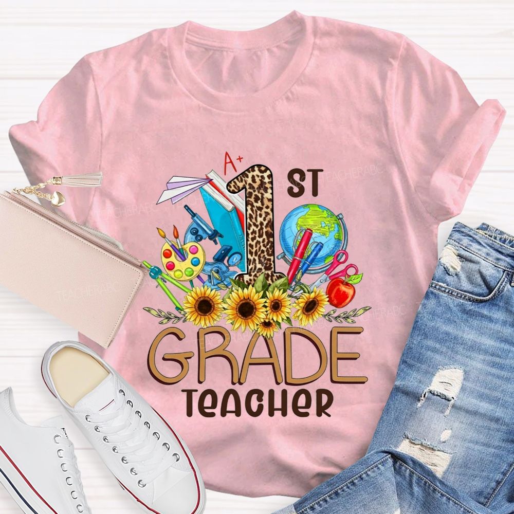 Personalized Grade 1st Grade Teacher Leopard Number Sunflower Teacher T-shirt