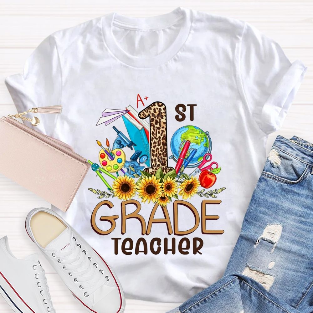 Personalized Grade 1st Grade Teacher Leopard Number Sunflower Teacher T-shirt