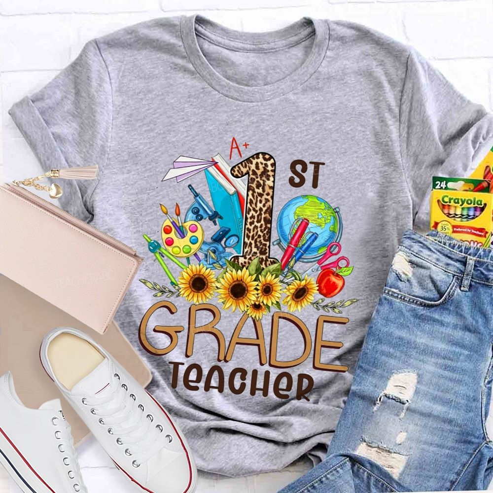 Personalized Grade 1st Grade Teacher Leopard Number Sunflower Teacher T-shirt