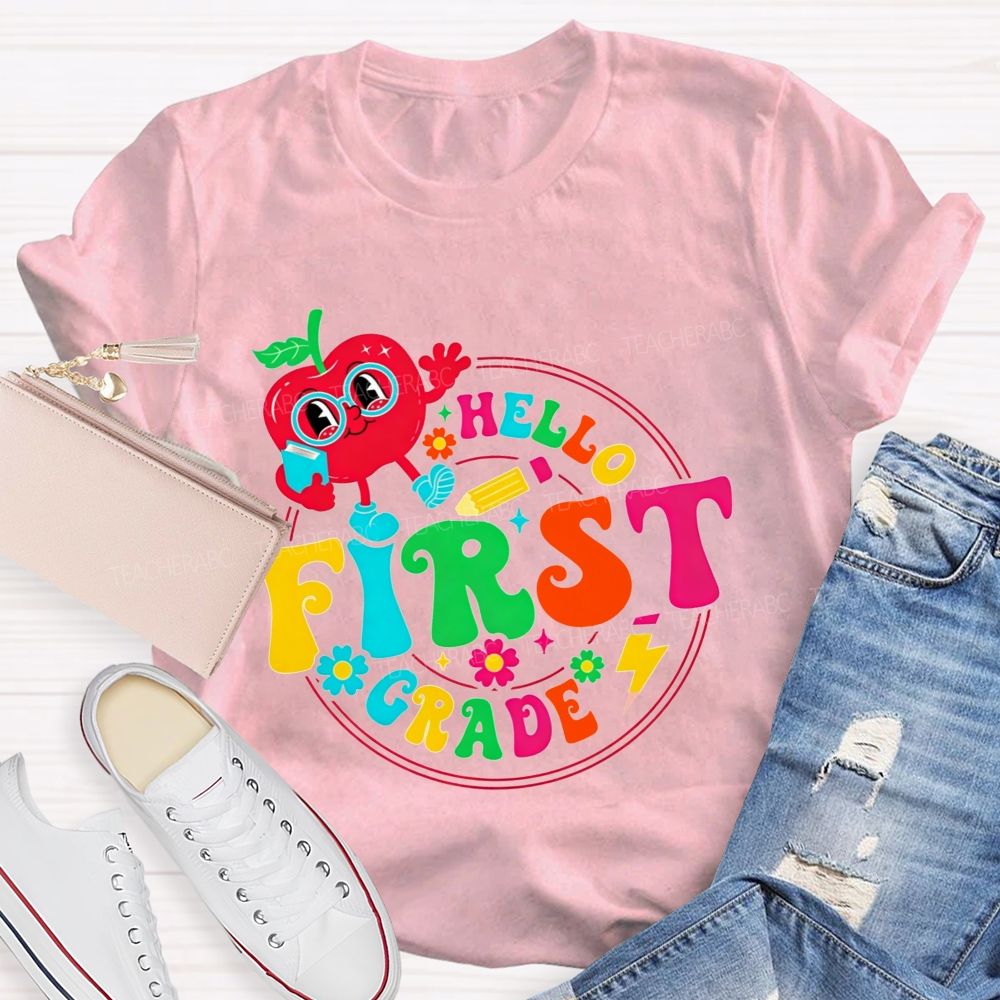 Personalized Grade Hello First Grade Cute Cartoon Apple Teacher T-shirt