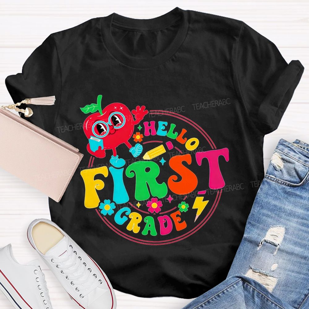 Personalized Grade Hello First Grade Cute Cartoon Apple Teacher T-shirt