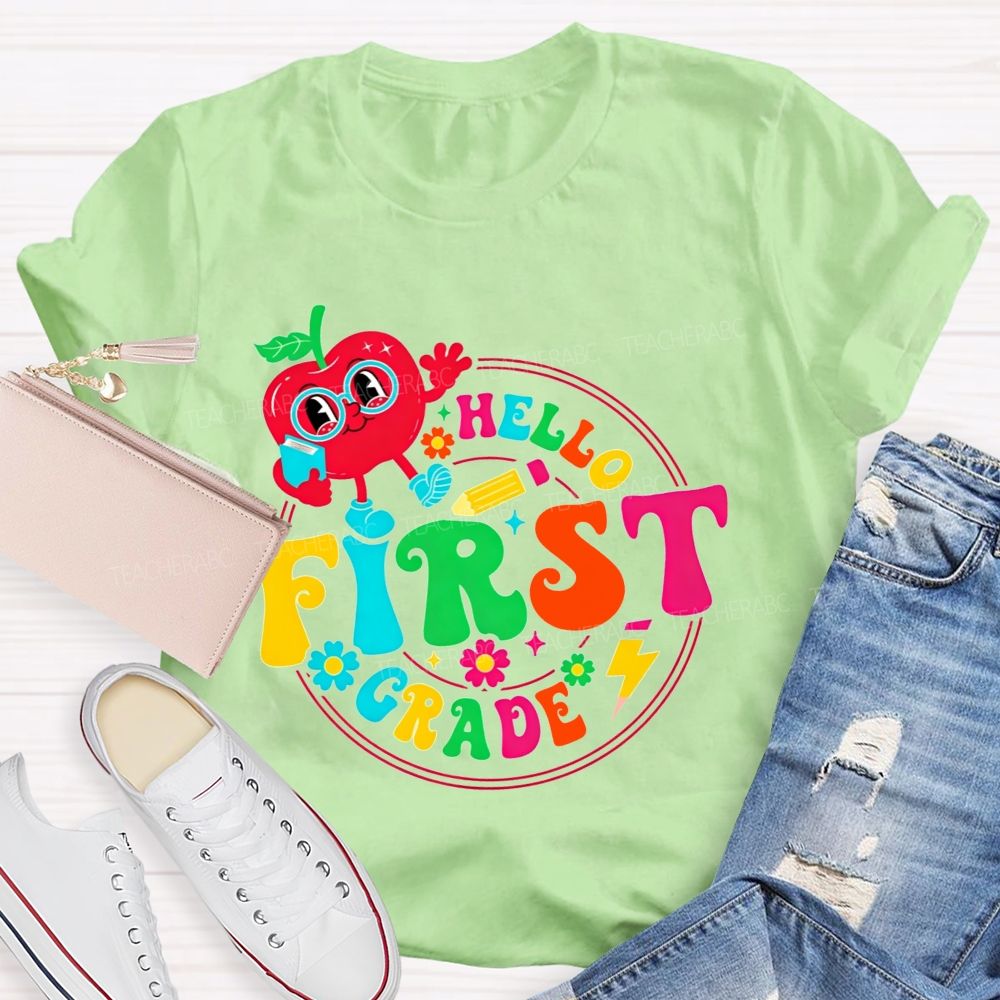 Personalized Grade Hello First Grade Cute Cartoon Apple Teacher T-shirt