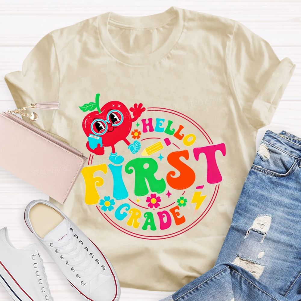 Personalized Grade Hello First Grade Cute Cartoon Apple Teacher T-shirt