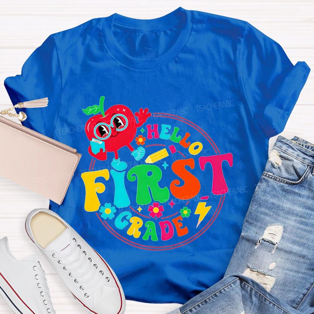 Personalized Grade Hello First Grade Cute Cartoon Apple Teacher T-shirt