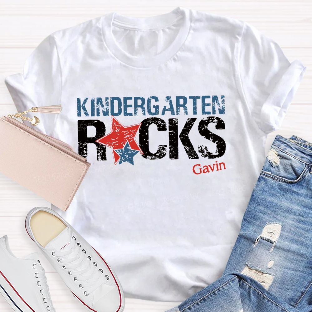Personalized Name And Grade Kindergarten Rocks Teacher T-shirt