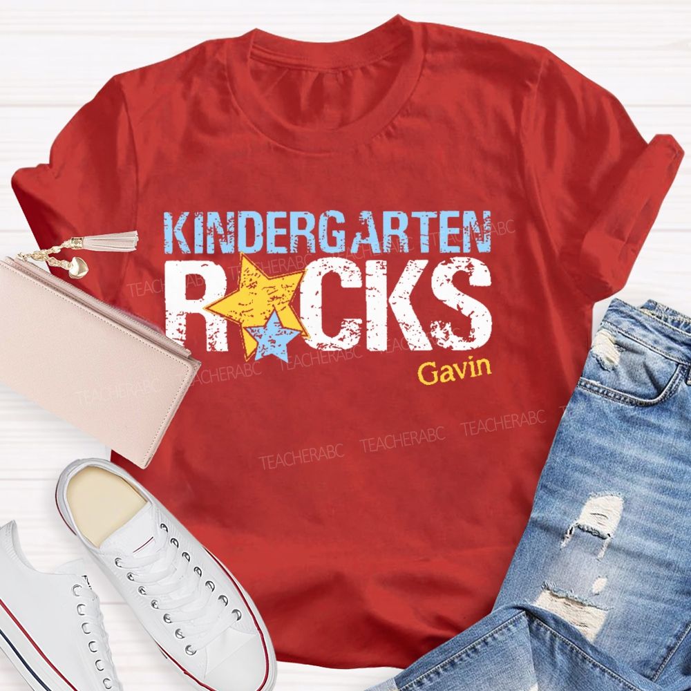 Personalized Name And Grade Kindergarten Rocks Teacher T-shirt