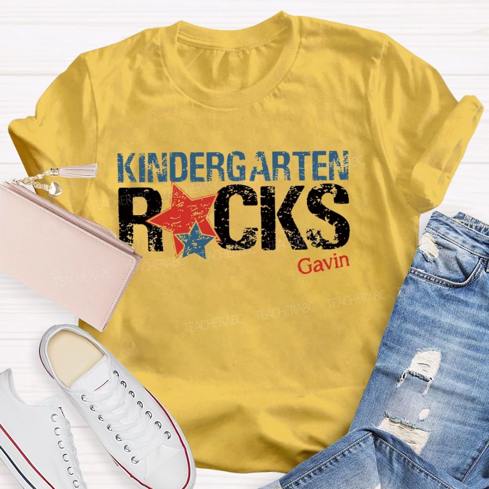 Personalized Name And Grade Kindergarten Rocks Teacher T-shirt