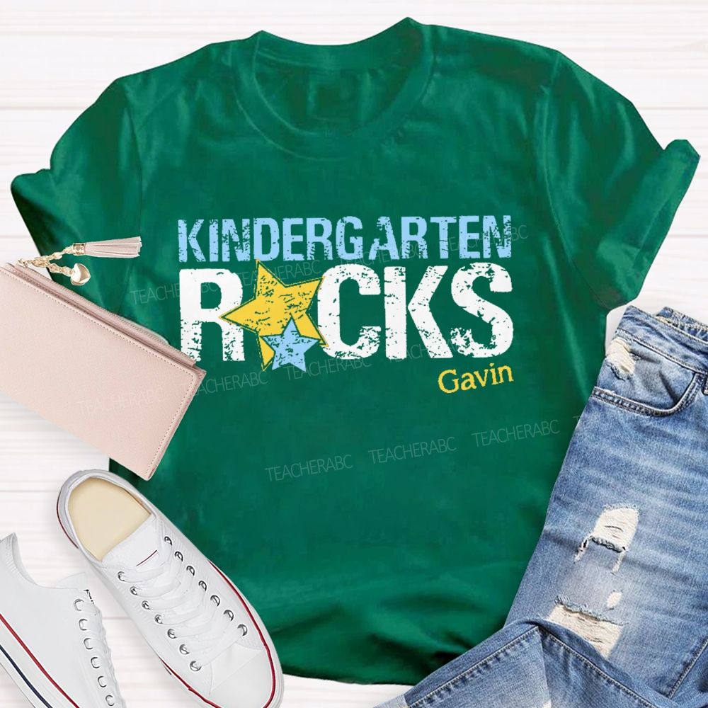Personalized Name And Grade Kindergarten Rocks Teacher T-shirt