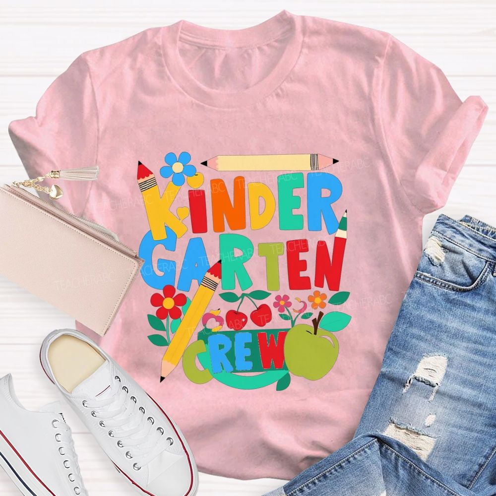 Personalized Grade Kindergarten Crew Colorful Pencil Fruit Flower Teacher T-shirt
