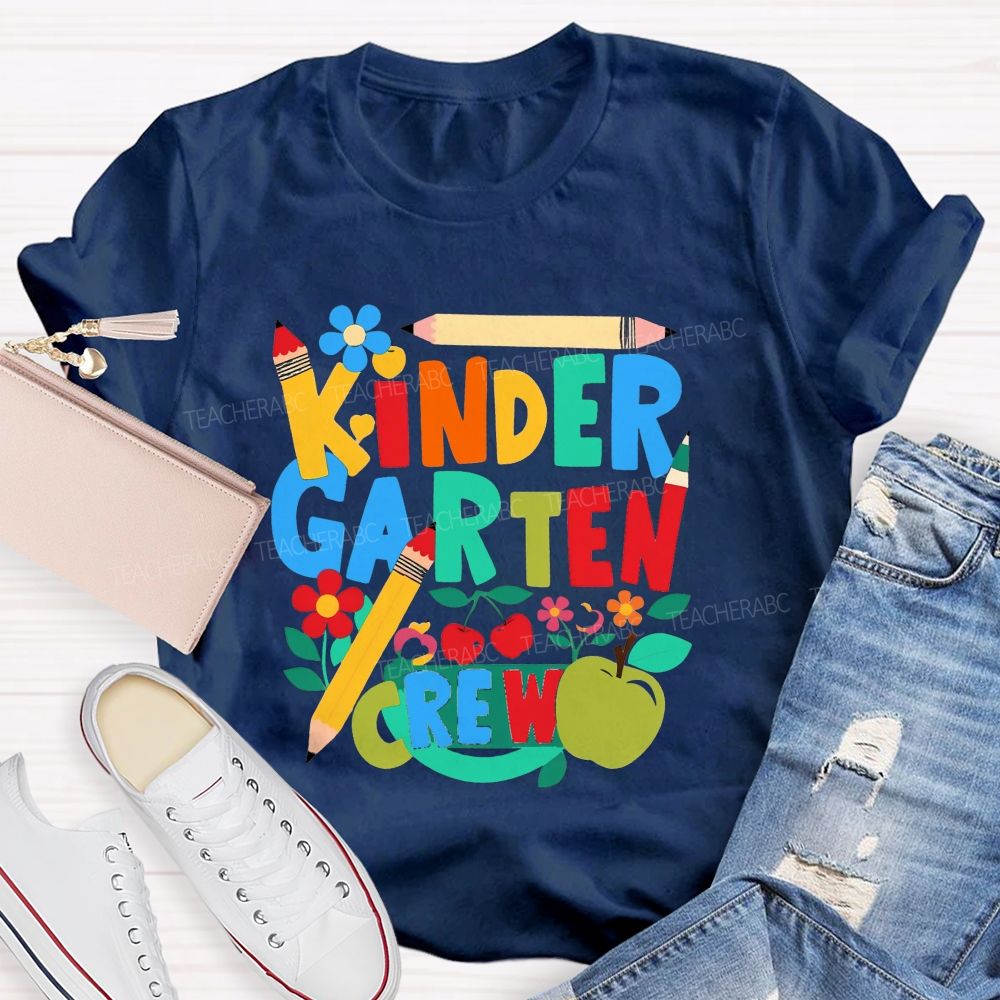 Personalized Grade Kindergarten Crew Colorful Pencil Fruit Flower Teacher T-shirt