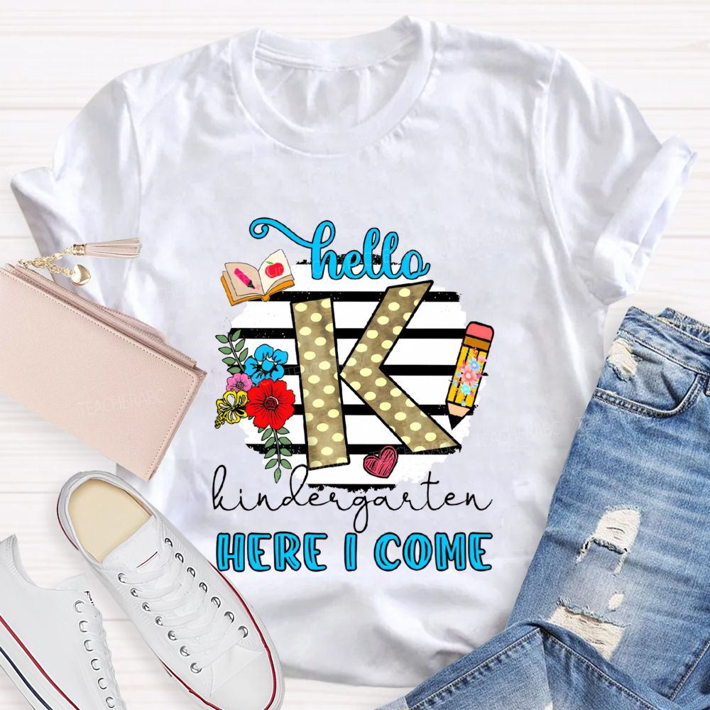 Personalized Grade Hello Kindergarten Here I Come Polka Dot K Floral Pencil Book T-shirt