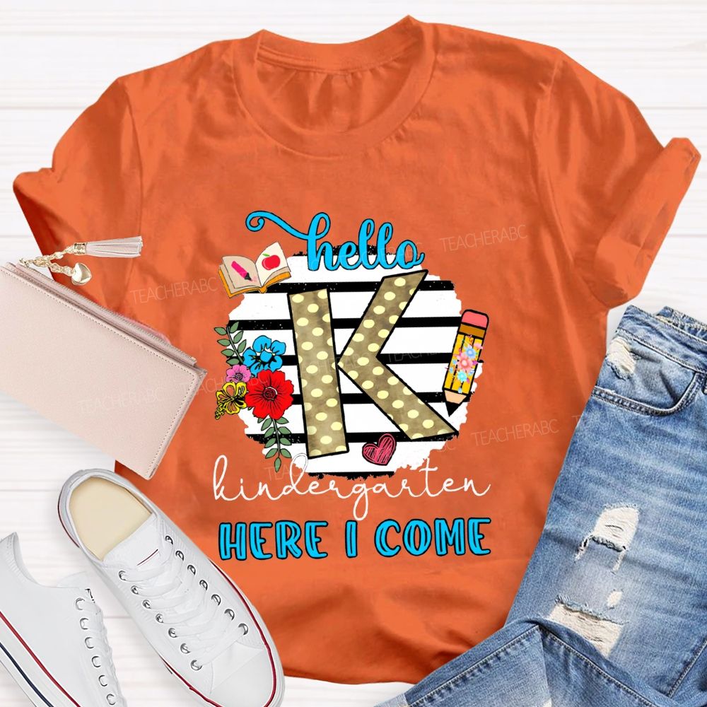 Personalized Grade Hello Kindergarten Here I Come Polka Dot K Floral Pencil Book T-shirt