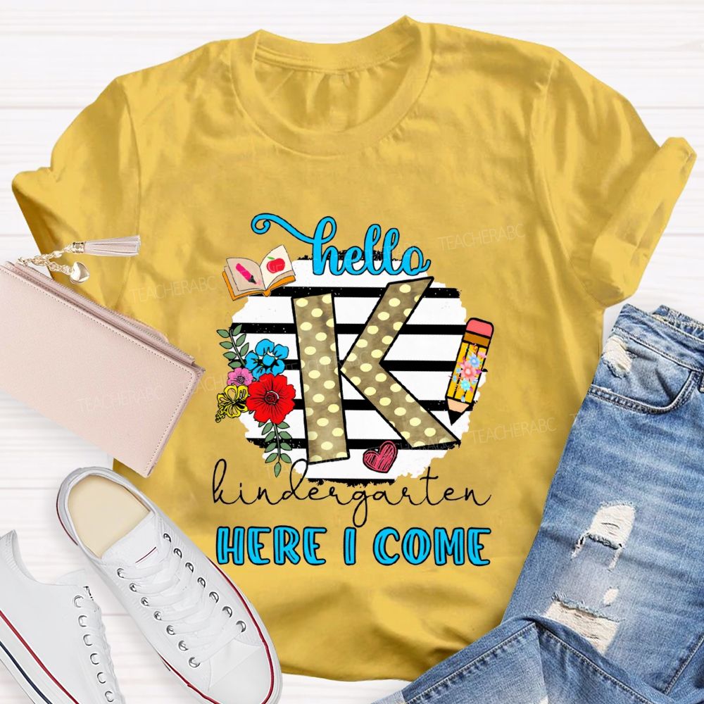 Personalized Grade Hello Kindergarten Here I Come Polka Dot K Floral Pencil Book T-shirt