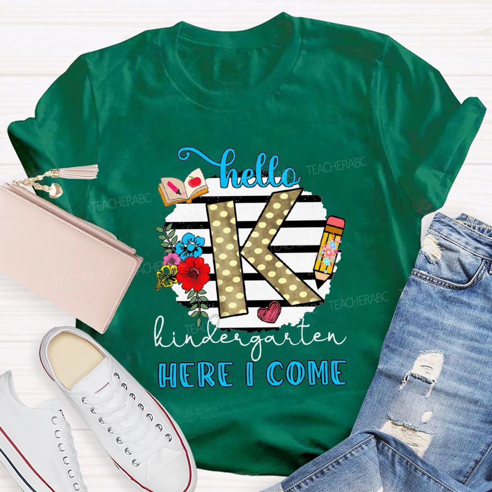 Personalized Grade Hello Kindergarten Here I Come Polka Dot K Floral Pencil Book T-shirt