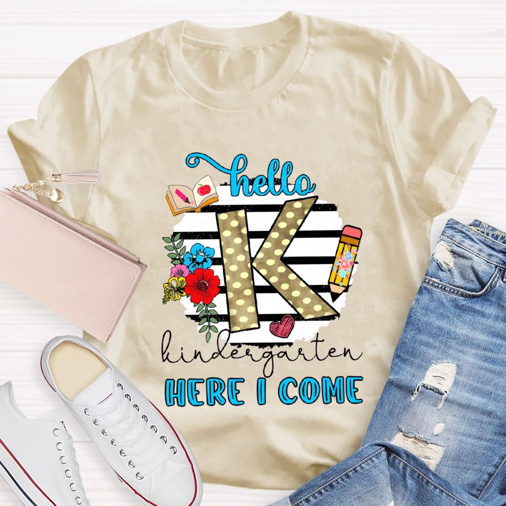 Personalized Grade Hello Kindergarten Here I Come Polka Dot K Floral Pencil Book T-shirt