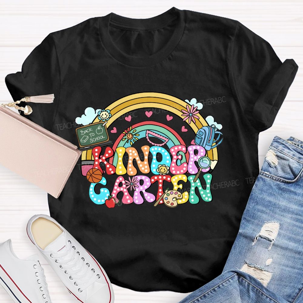 Personalized Grade Kindergarten Rainbow Polka Dot School Supplies Teacher T-shirt