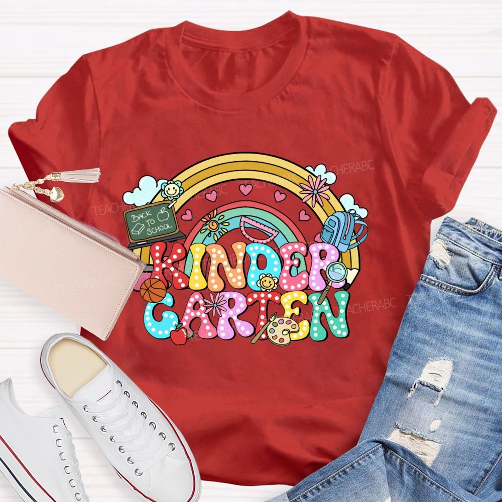 Personalized Grade Kindergarten Rainbow Polka Dot School Supplies Teacher T-shirt