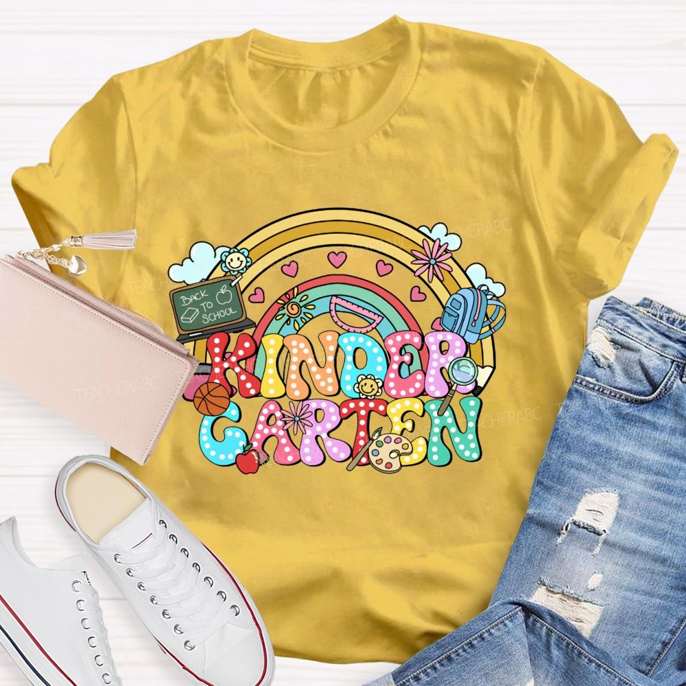 Personalized Grade Kindergarten Rainbow Polka Dot School Supplies Teacher T-shirt