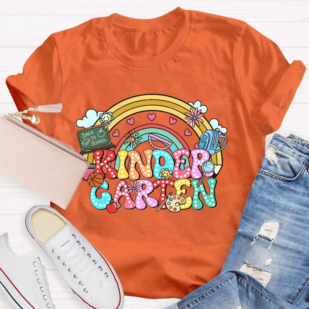 Personalized Grade Kindergarten Rainbow Polka Dot School Supplies Teacher T-shirt