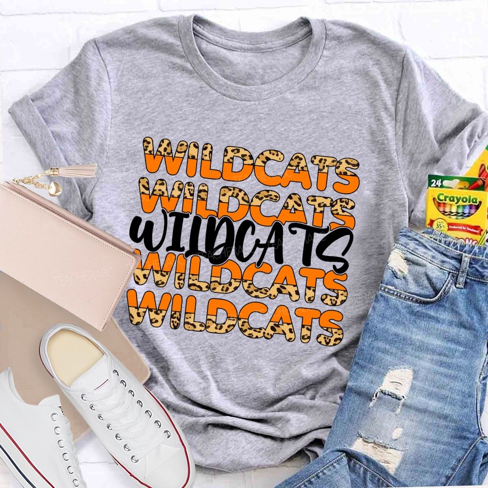 Personalized Mascot Orange Leopard Wildcat Print Teacher T-Shirt