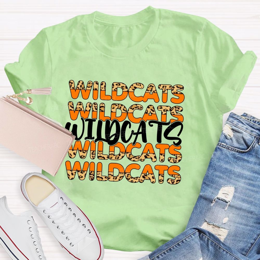Personalized Mascot Orange Leopard Wildcat Print Teacher T-Shirt