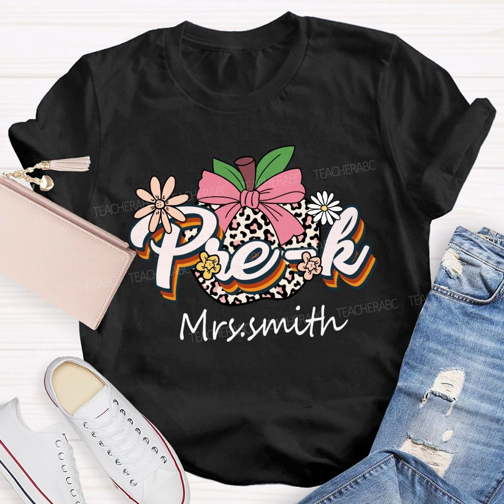 Personalized Name Leopard Apple Pre-k School Teacher T-shirt