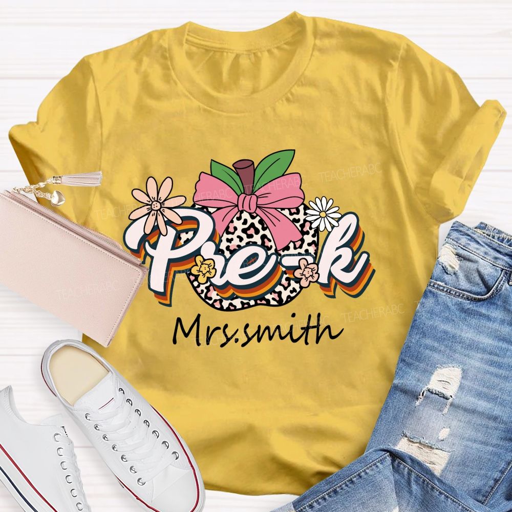 Personalized Name Leopard Apple Pre-k School Teacher T-shirt