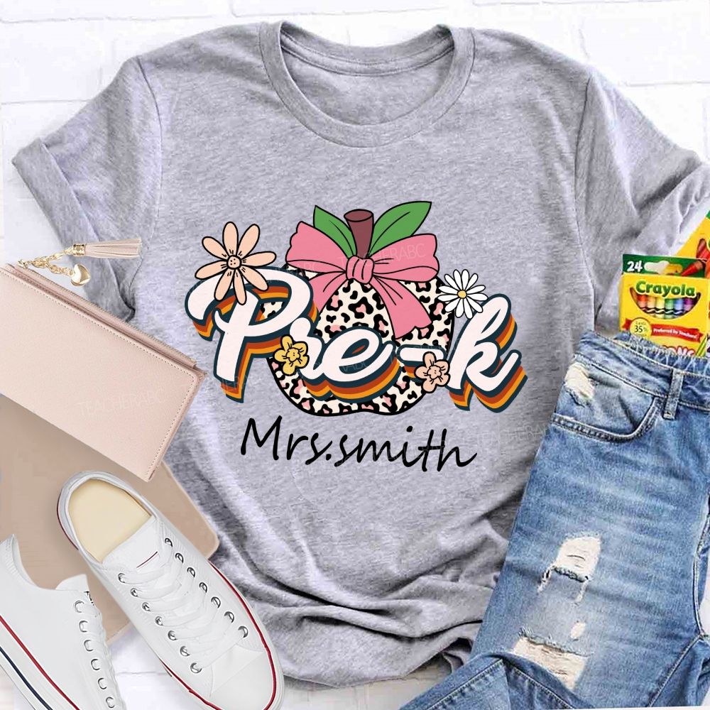 Personalized Name Leopard Apple Pre-k School Teacher T-shirt
