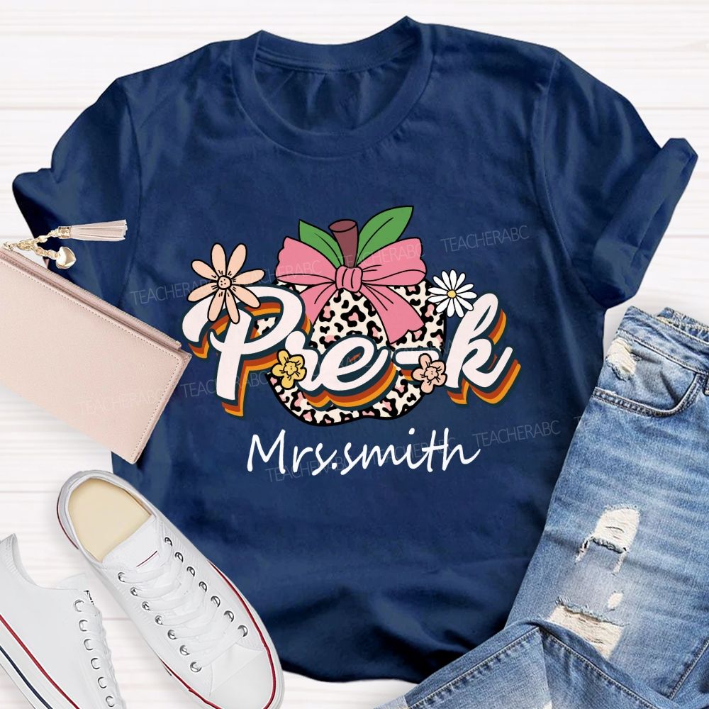 Personalized Name Leopard Apple Pre-k School Teacher T-shirt