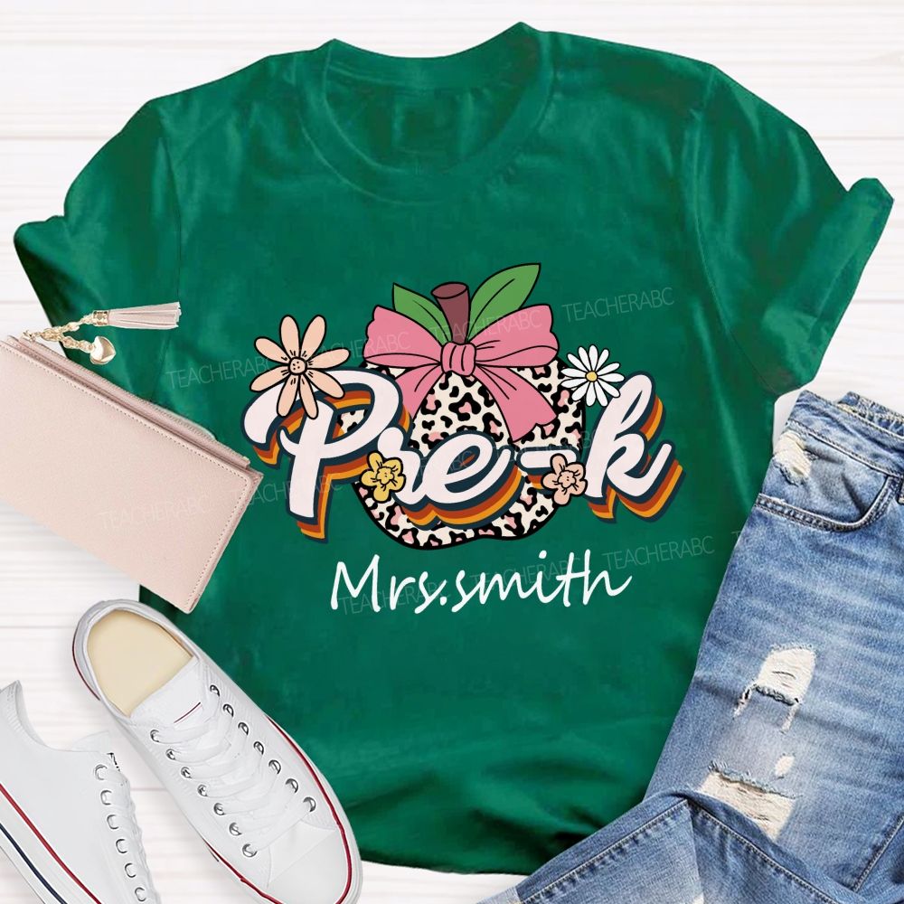 Personalized Name Leopard Apple Pre-k School Teacher T-shirt