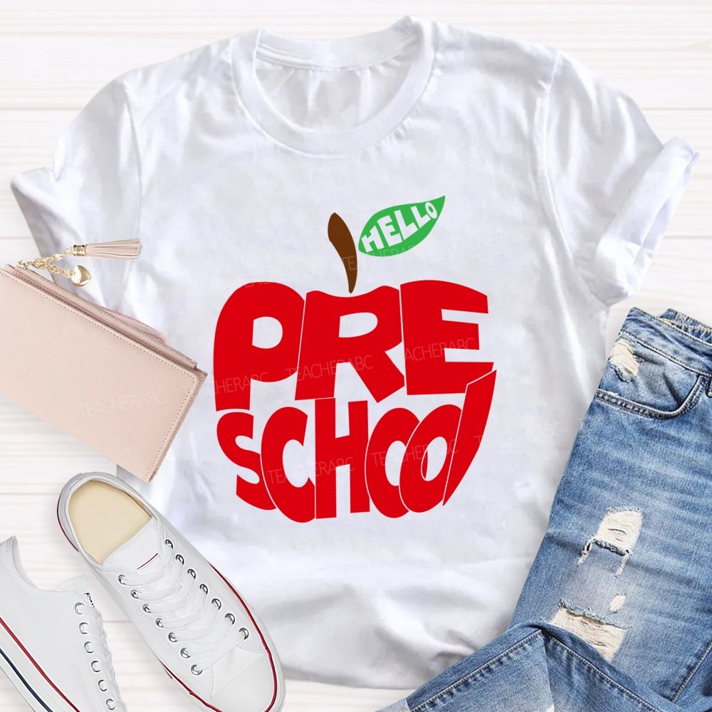 Hello Pre School Red Apple Teacher T-shirt