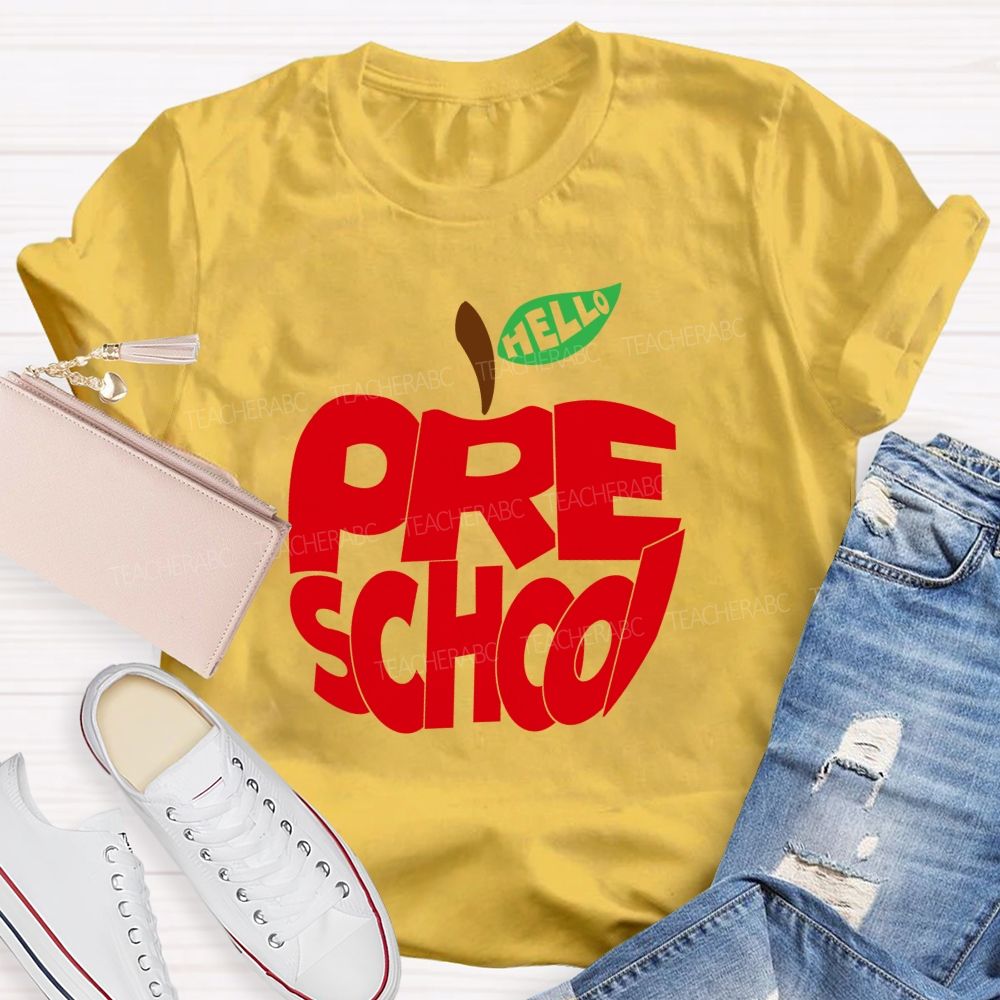 Hello Pre School Red Apple Teacher T-shirt