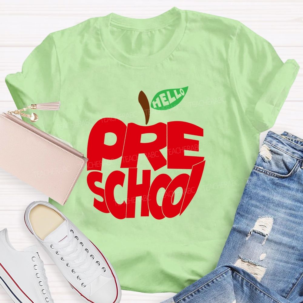 Hello Pre School Red Apple Teacher T-shirt