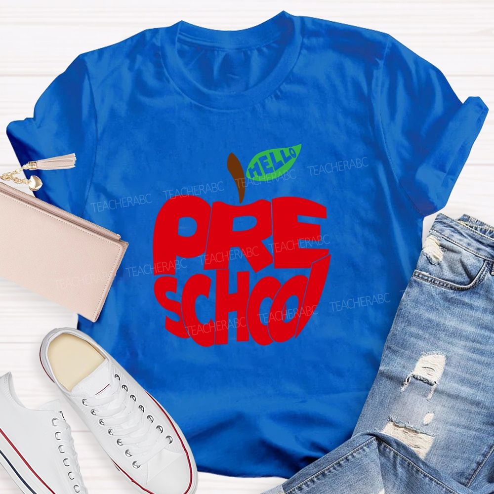 Hello Pre School Red Apple Teacher T-shirt