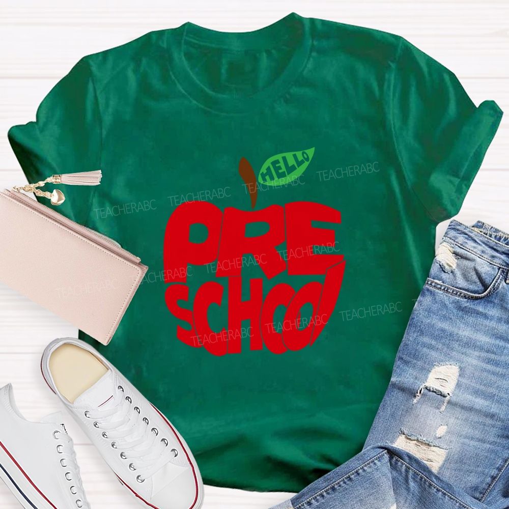 Hello Pre School Red Apple Teacher T-shirt