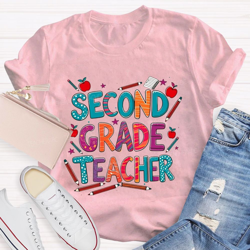 Personalized Grade Teacher Colorful Pencil Apple Teacher T-shirt