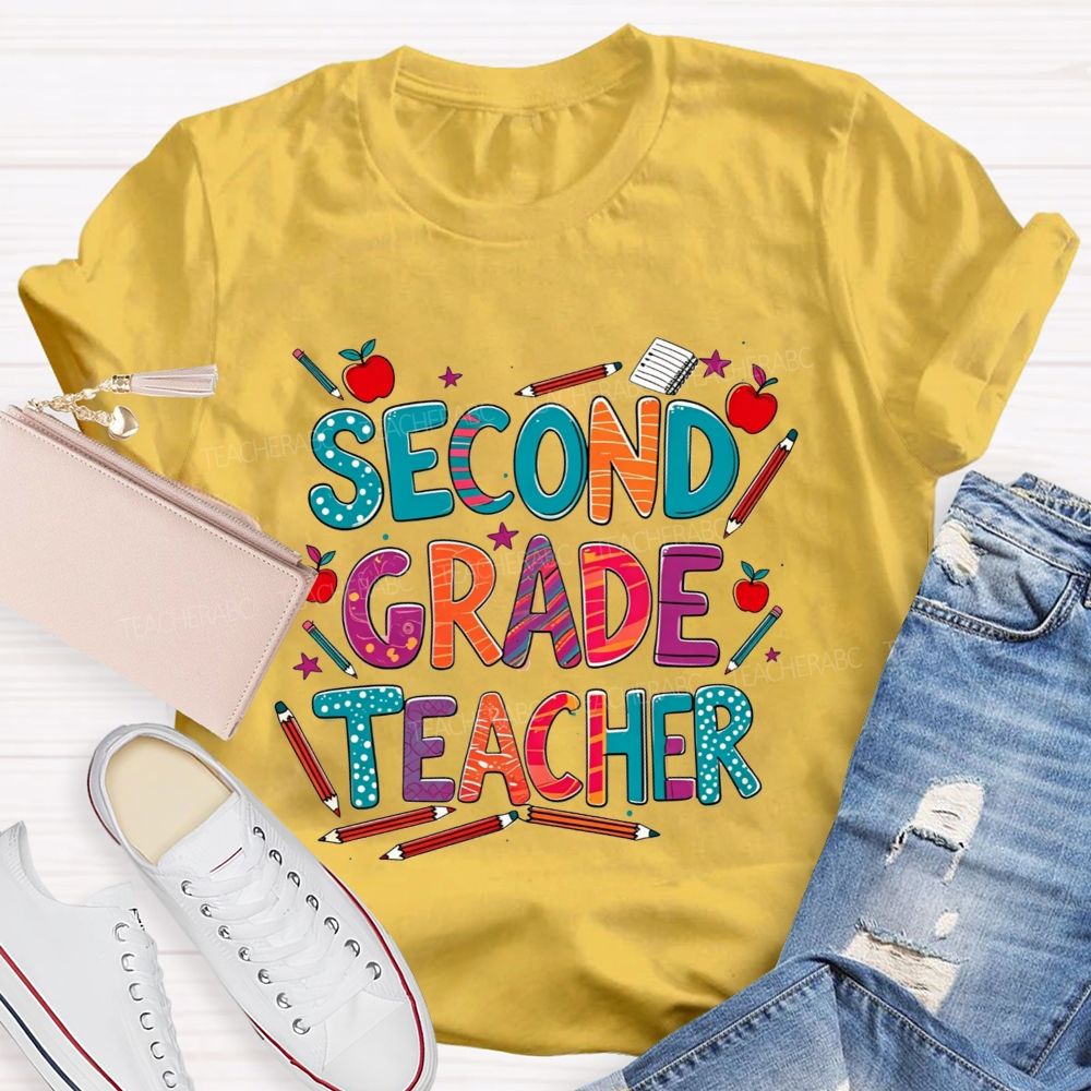 Personalized Grade Teacher Colorful Pencil Apple Teacher T-shirt