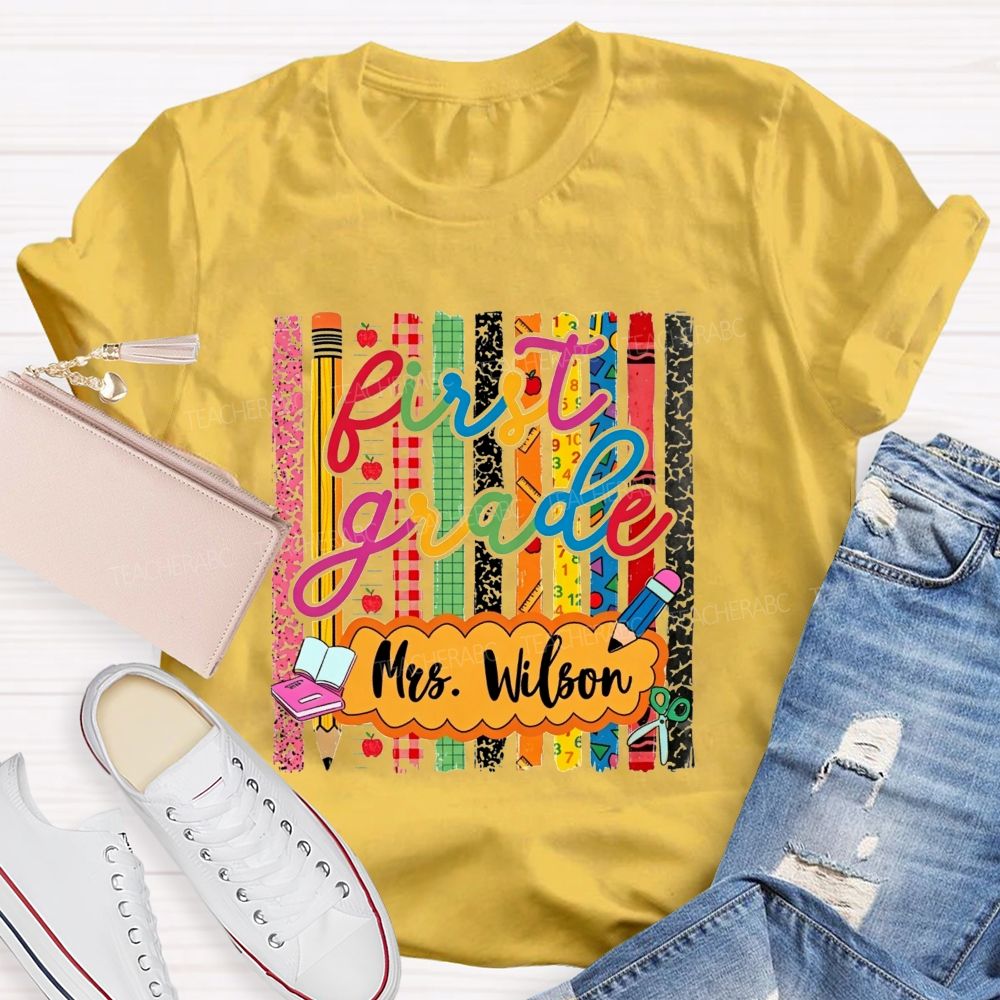 Personalized Name And Grade Proud First Grade Crew T-shirt
