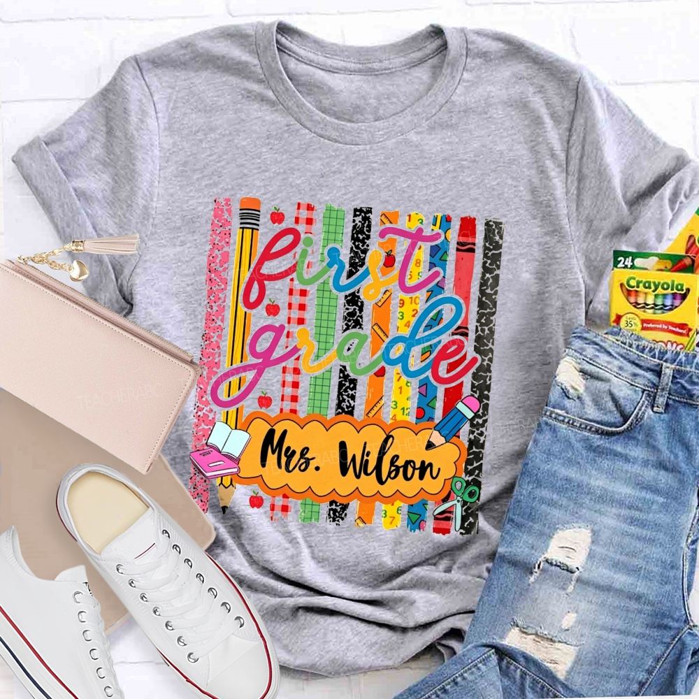 Personalized Name And Grade Proud First Grade Crew T-shirt
