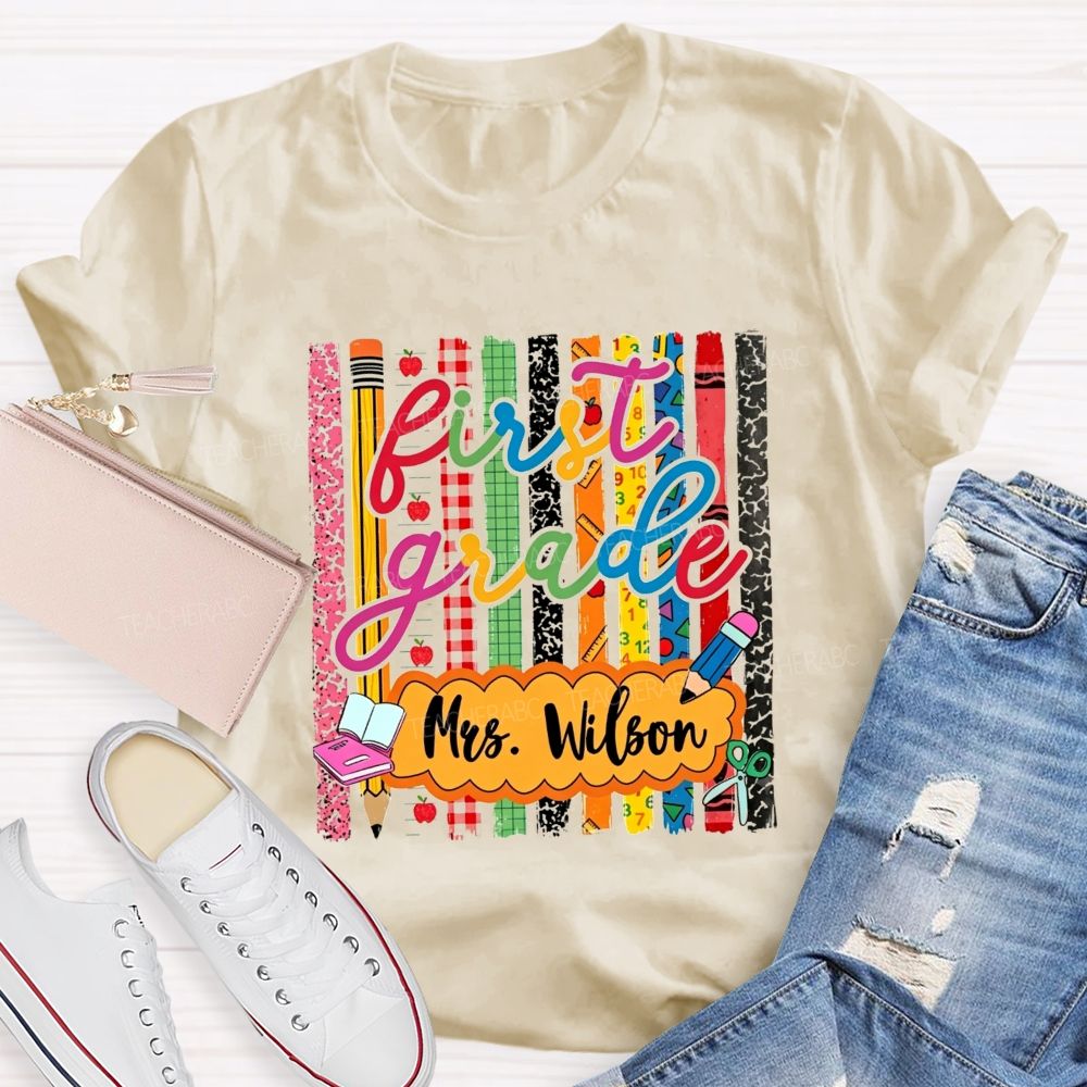 Personalized Name And Grade Proud First Grade Crew T-shirt
