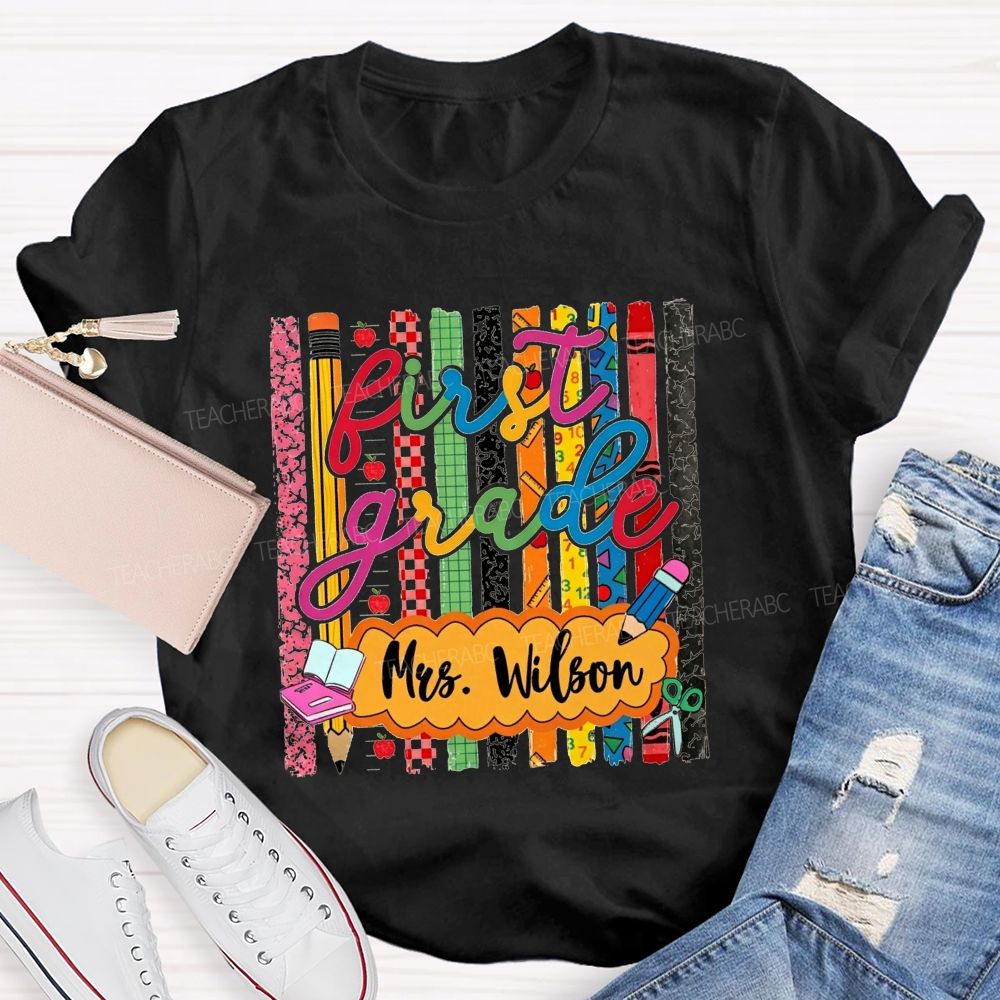 Personalized Name And Grade Proud First Grade Crew T-shirt