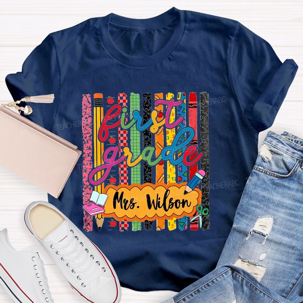 Personalized Name And Grade Proud First Grade Crew T-shirt