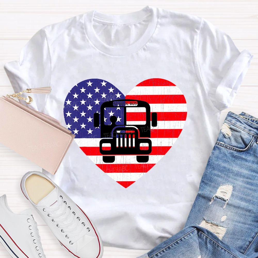 School Bus Flag Graphic Teacher T-shirt