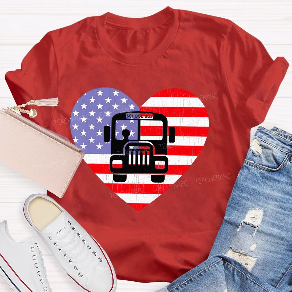 School Bus Flag Graphic Teacher T-shirt