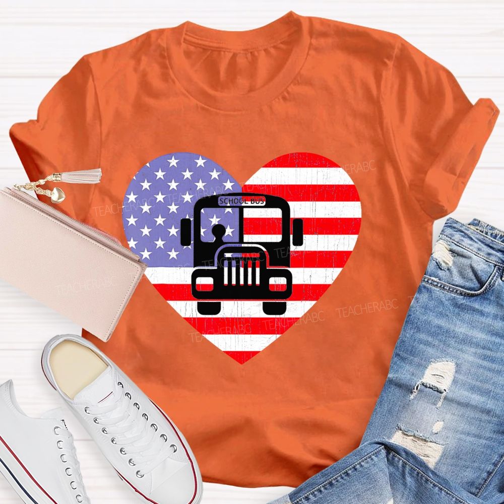 School Bus Flag Graphic Teacher T-shirt