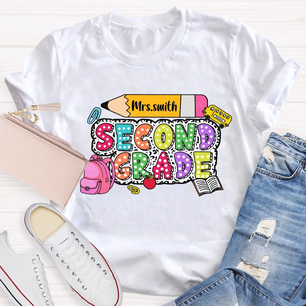 Personalized Grade And Name Polka-Dot Typography Design Teacher T-Shirt