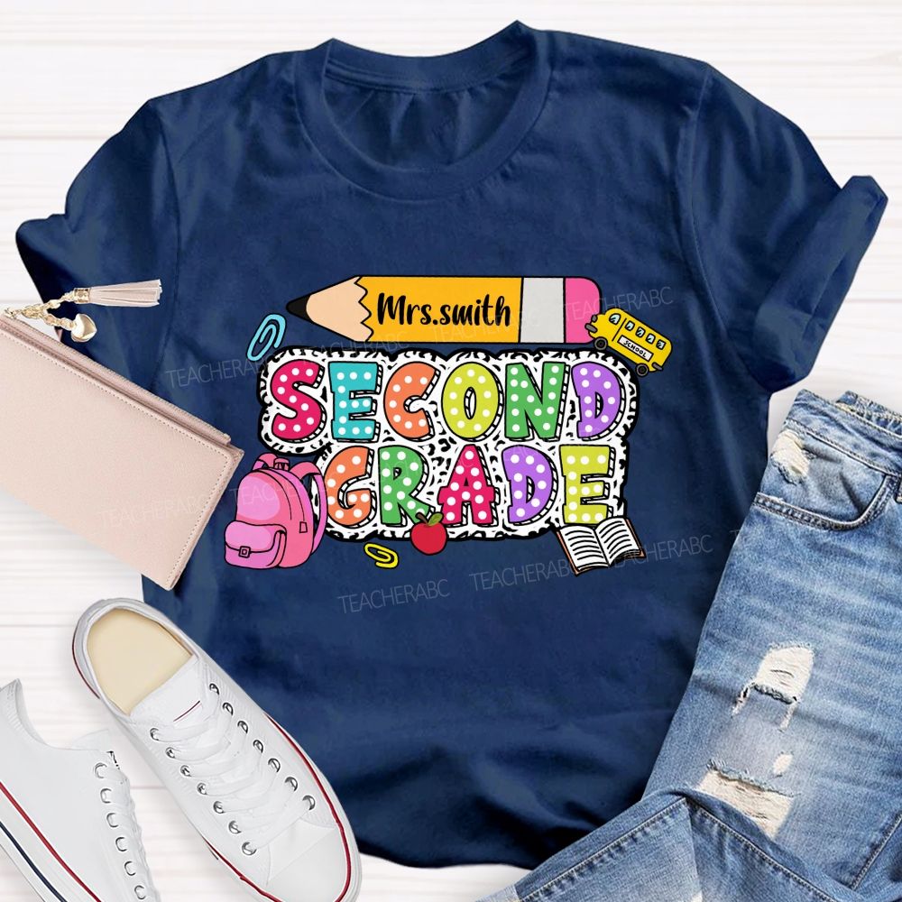 Personalized Grade And Name Polka-Dot Typography Design Teacher T-Shirt