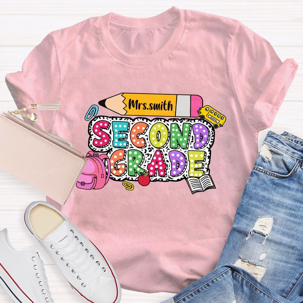 Personalized Grade And Name Polka-Dot Typography Design Teacher T-Shirt